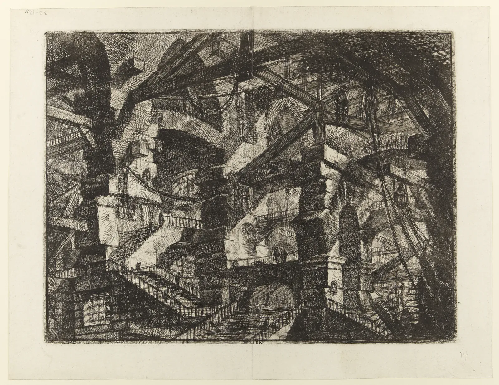 The Gothic Arch (Plate XIV) by Giovanni Battista Piranesi (1761). Massive structural systems with walkways, machinery, and tiny human operators within vast architecture