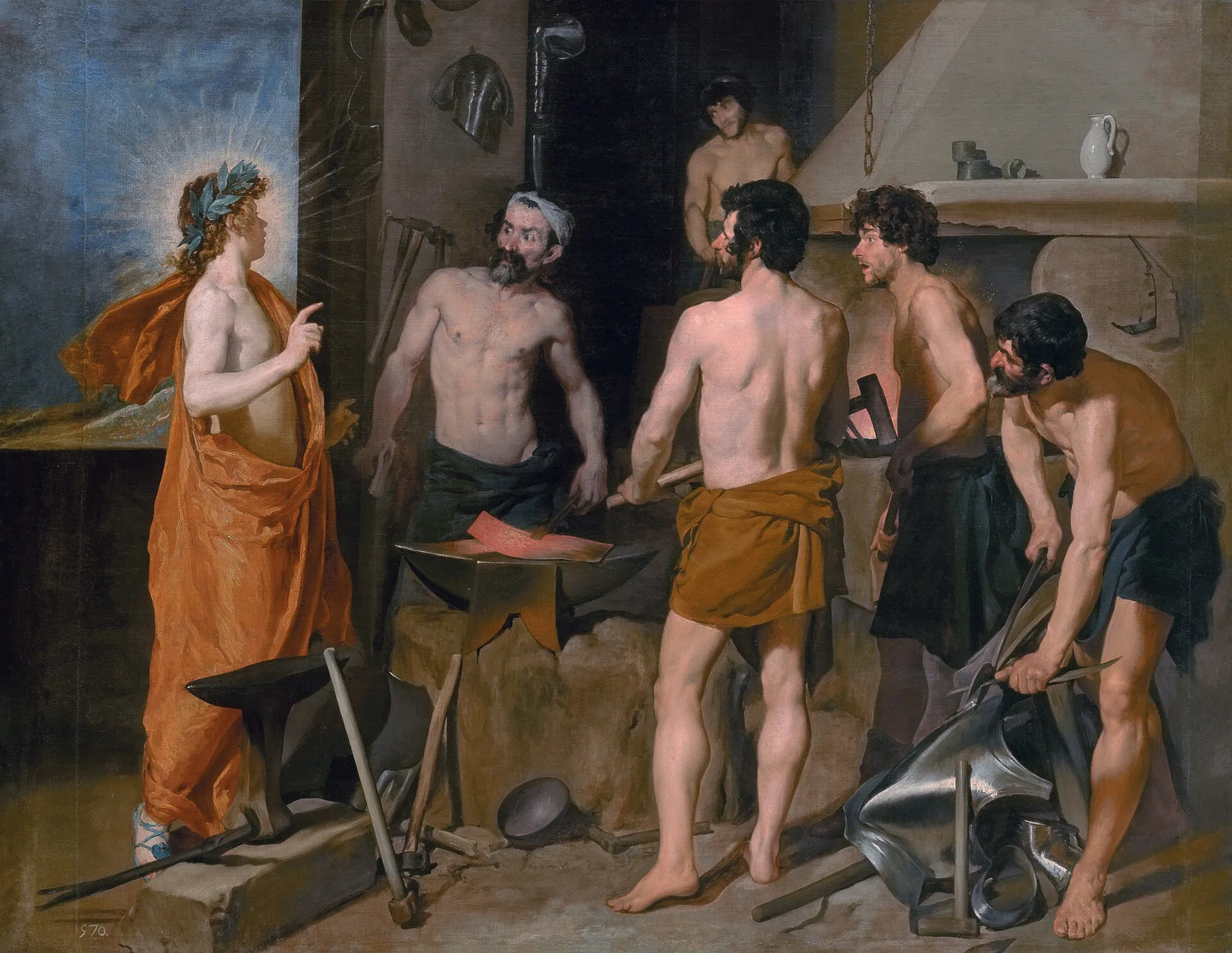 The Forge of Vulcan by Diego Velazquez (1630) - The laurel-crowned god Apollo arrives at the smithy mid-strike, where Vulcan and his blacksmiths are forging armor for Mars