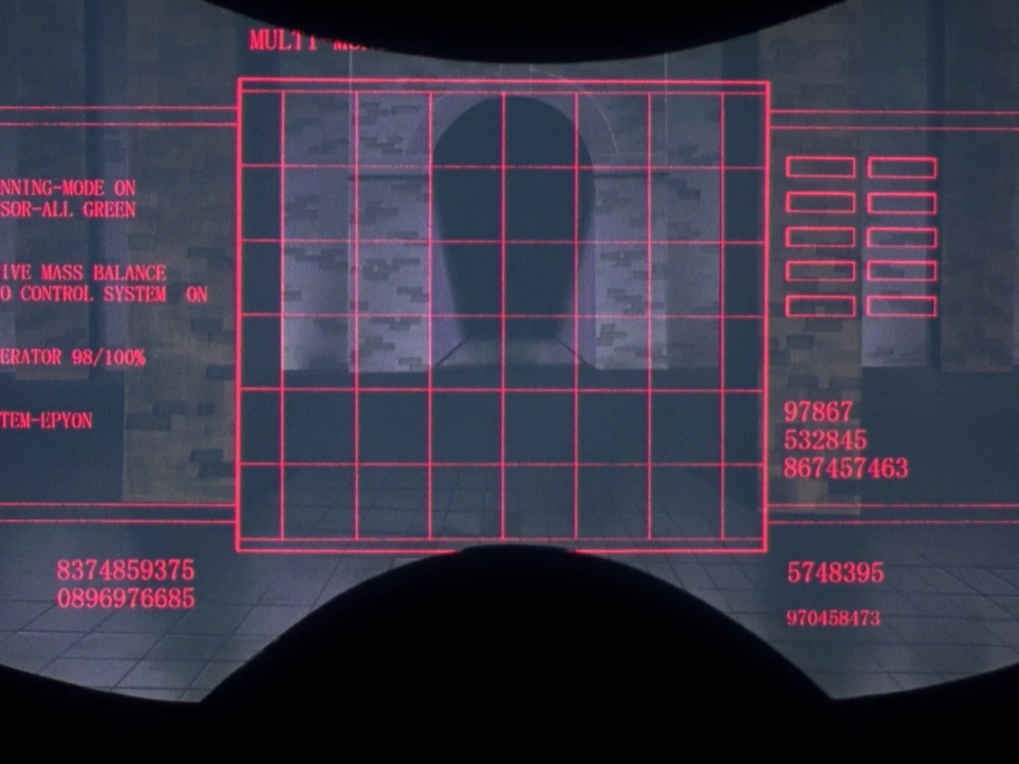 Helmet POV from inside Epyon's cockpit: red wireframe HUD with labeled regions, sensor status text, generator percentage, and numerical state