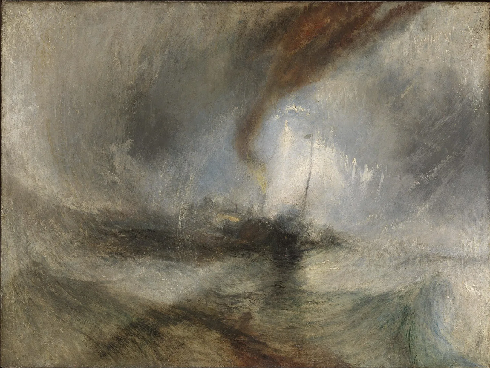 Snow Storm: Steam-Boat off a Harbour's Mouth by J.M.W. Turner (1842) - a steamboat lost in a vortex of snow, spray, and smoke, sea and sky churned into one mass of turbulence